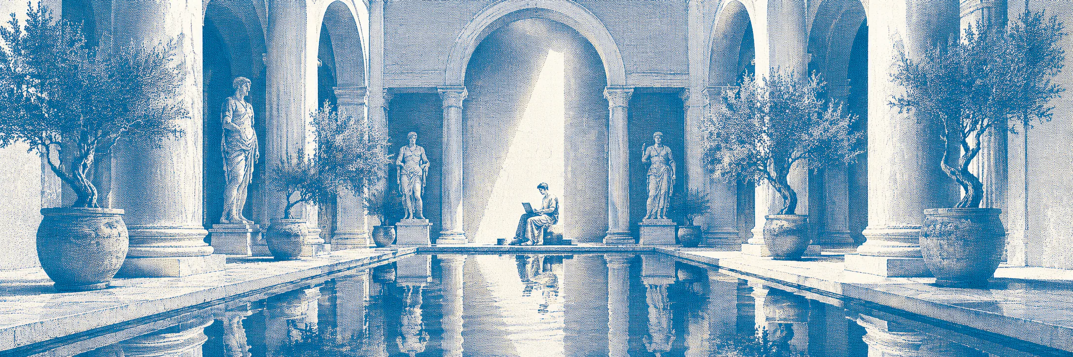 Classical interior courtyard with arches and a reflecting pool