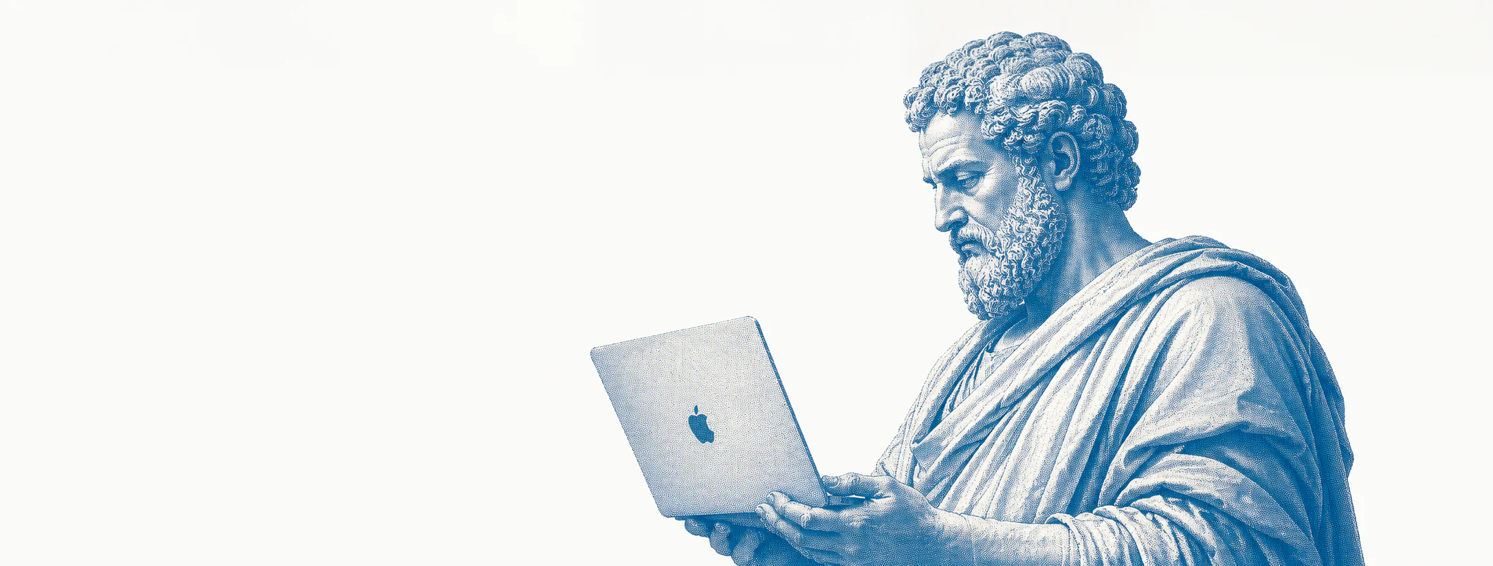 Classical philosopher using a laptop
